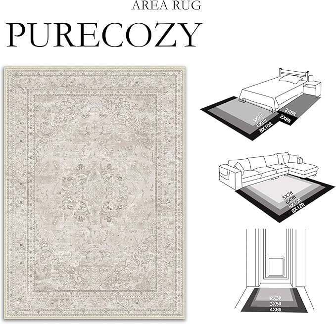 Beige 6x9 Area Rug Washable Vintage Carpet for Living Room Bedroom Large Soft Retro Floral Low Pile Thin Indoor Rug Non Slip Central Medallion Floor Cover for Dining Room Office