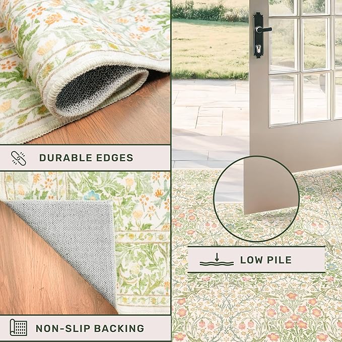 Non Slip Beige Green Bathroom Runner Rug - Long Runner Rugs 24 x 72 Washable Kitchen Floor Mat, Laundry Room Rug, Hallway Runner - Vintage Floral Design Décor (2x6 Beige Green)