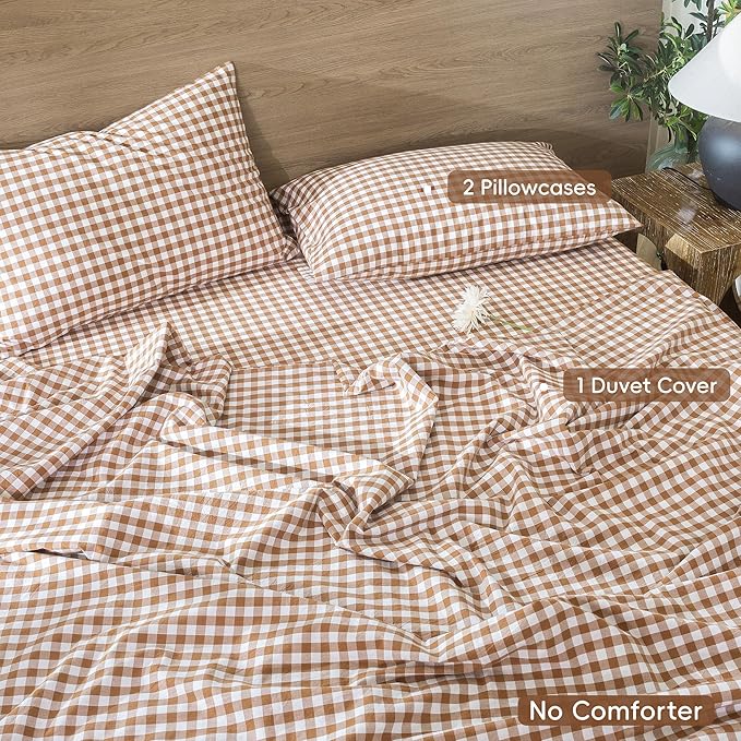 MooMee Gingham Duvet Cover Set 100% Washed Cotton Linen Like Textured Breathable Durable Soft Comfy Modern Checkered Design (Dark Orange Gingham, Cal King 104"x98")