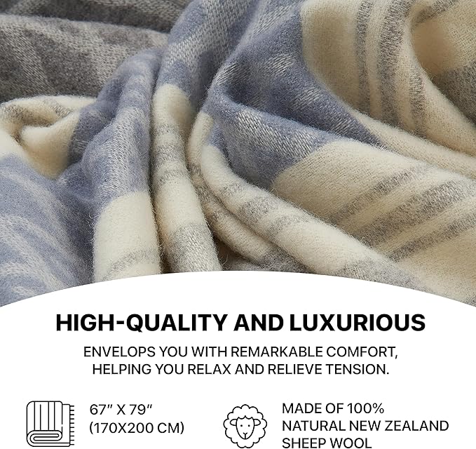 | Wool Blanket/Throw | 100% New Zealand Wool | Perfect for Home and Outdoors | Virgin Wool Throw with Fringes 67"x79" (170 x 200 cm)
