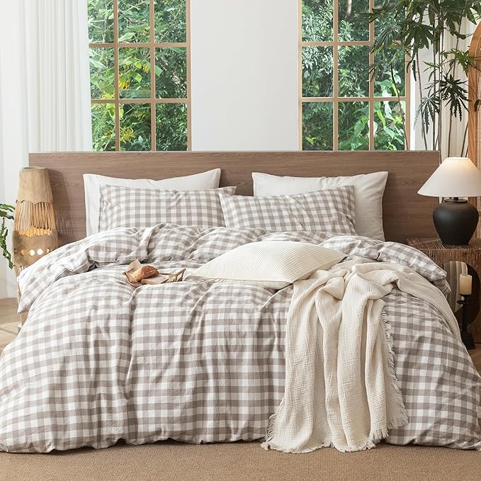 MooMee Gingham Duvet Cover Set 100% Washed Cotton Linen Like Textured Breathable Durable Soft Comfy Modern Checkered Design (Buffalo Plaid Tannish Linen Grey, Queen 90"x90")