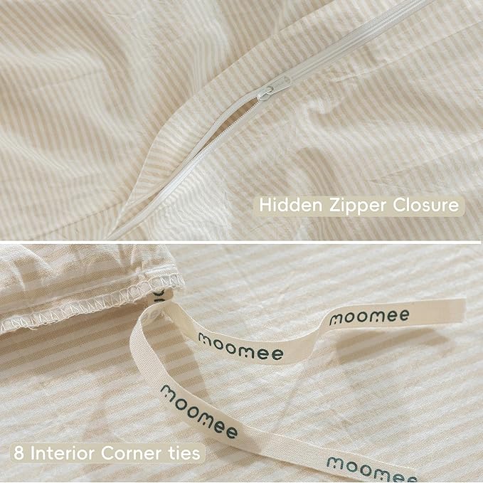 MooMee Striped Duvet Cover Set 100% Washed Cotton Linen Like Textured Breathable Durable Soft Comfy (Almond Milk Grey Pinstripes, Oversized Queen 98"x98")