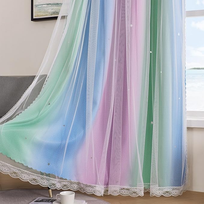 XiDi Curtains for Bedroom Decor, Rainbow Green PurpleBlue34/90/1