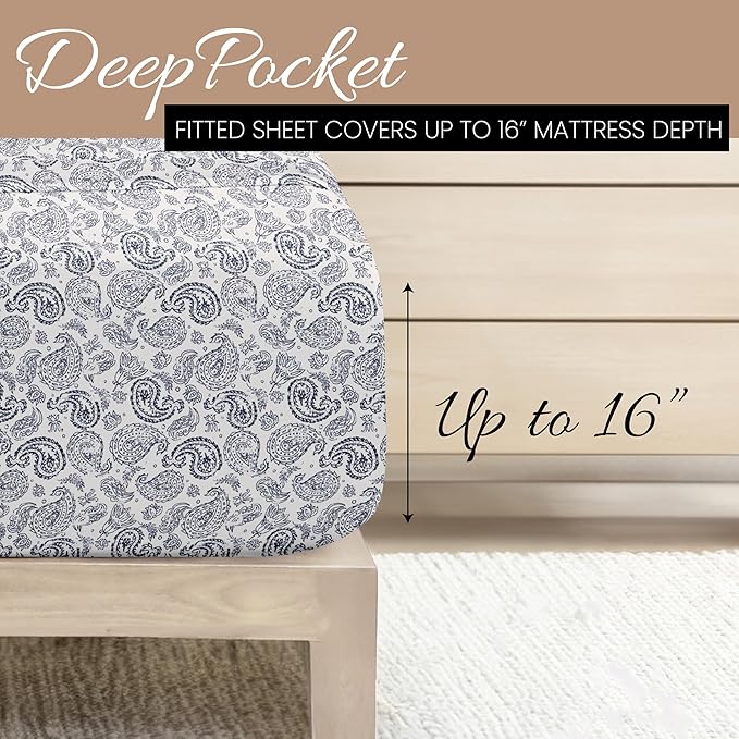 Linen Market Double-Brushed Patterned Microfiber Full Sheet Set 4 Piece – Oeko-TEX Certified Ultra Soft & Wrinkle-Free - 16" Deep Pocket Sheets - Easy Care Full Size - Coarse Paisley Navy