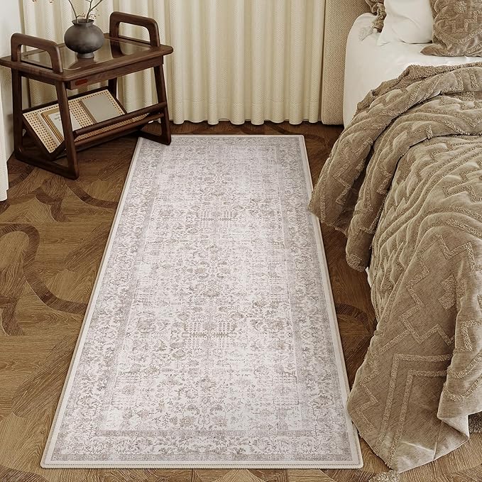Light Brown Runner Rug 3x7 Hallway Machine Washable Kitchen Vintage Distressed Non Slip Long Carpet Indoor Retro Floral Bedroom Accent Throw Rug for Bathroom Office Laundry Dining Room
