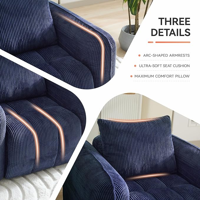 Oversized Boneless Corduroy Accent Chair, Comfy Deep Seat Armchair for Bedroom, Modern Upholstered Living Room Sofa Chair with Pillow, No Assembly, Navy