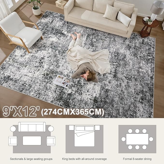 Area Rug Living Room Rugs - 9x12 Large Soft Indoor Neutral Modern Abstract Low Pile Washable Rug Carpet for Bedroom Dining Room Farmhouse Home Office - Grey