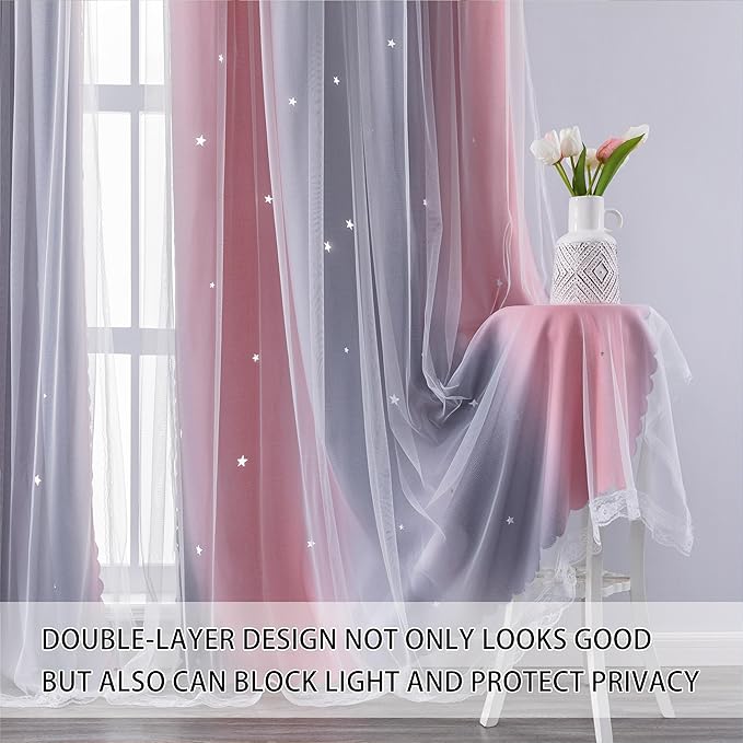 XiDi Dream Star Blackout Curtains for Kids Rooms Girl Princess Curtain for Daughter Bedroom Window (Pink Grey, W34 X L72)