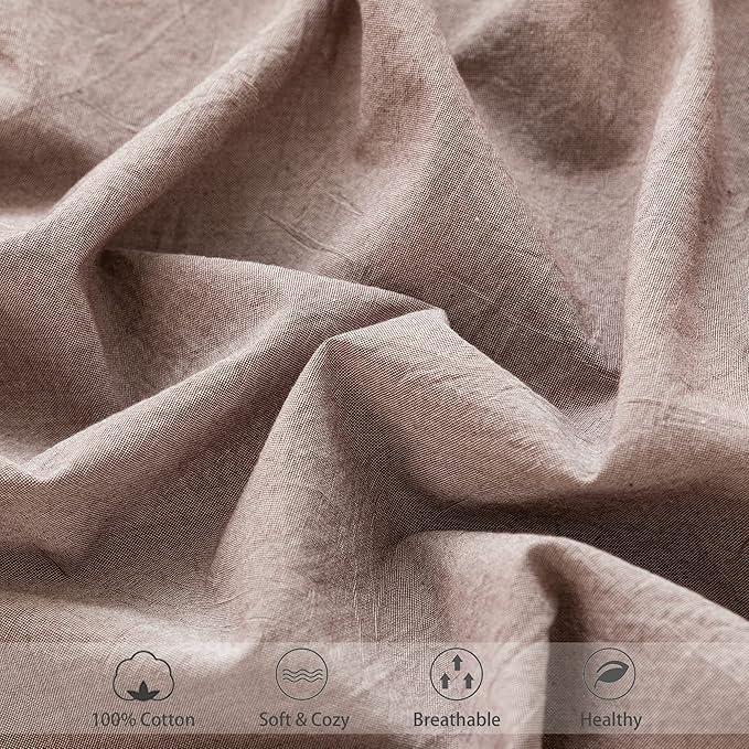 MooMee Fitted Bottom Sheet Only 100% Washed Cotton Linen Like Textured Breathable Durable Soft Comfy Deep Pocket Fits Mattress up to 17" (Mauve Brown, Queen)