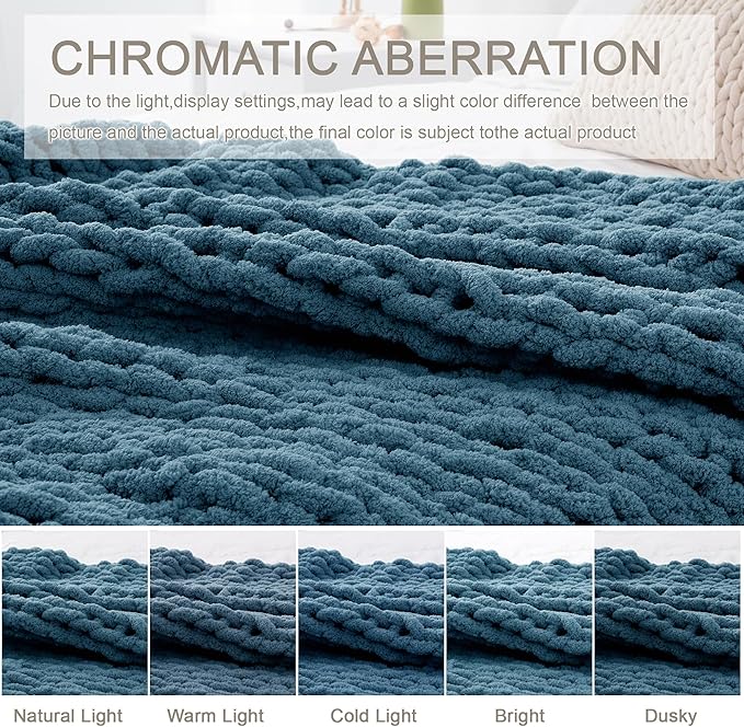 Chunky Knit Throw Blanket 60"X 80", 100% Handmade with Soft Chenille Yarn, 6.7lbs Thick Cable Knitted Blankets, Large Rope Knot Crochet Throws for Couch Sofa Bed Home Decor, Mineral Blue
