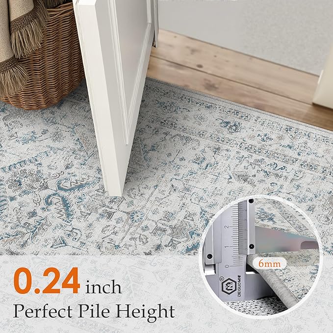 Blue 5x7 Area Rug Vintage Washable Living Room Carpet Non Slip Bedroom Indoor Office Low Pile Traditional Distressed Retro Accent Rug for Dining Room Bathroom Kitchen