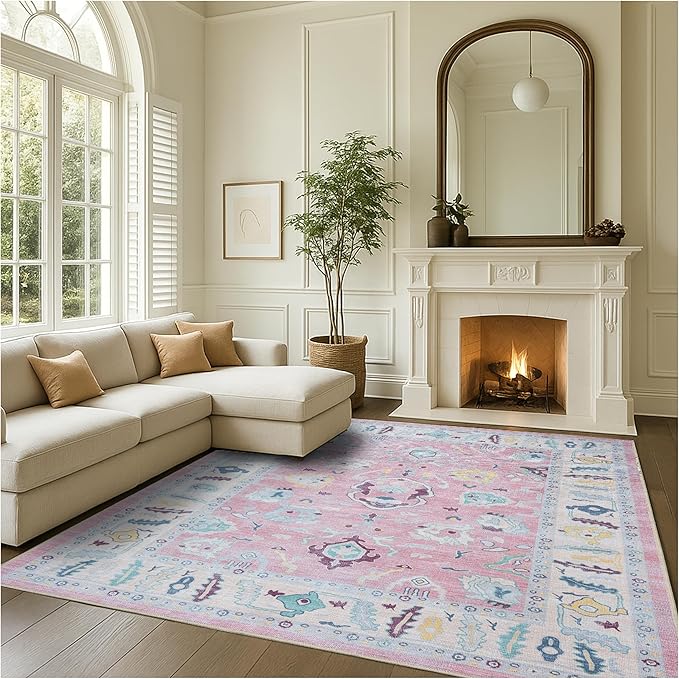 Fame Rugs Pink Modern Oushak Rug 6x9, Vintage Turkish Colorful Oriental Antique Inspired Washable Large Area Rugs, Luxury Living Room Bedroom (385PB, 6' x 9')