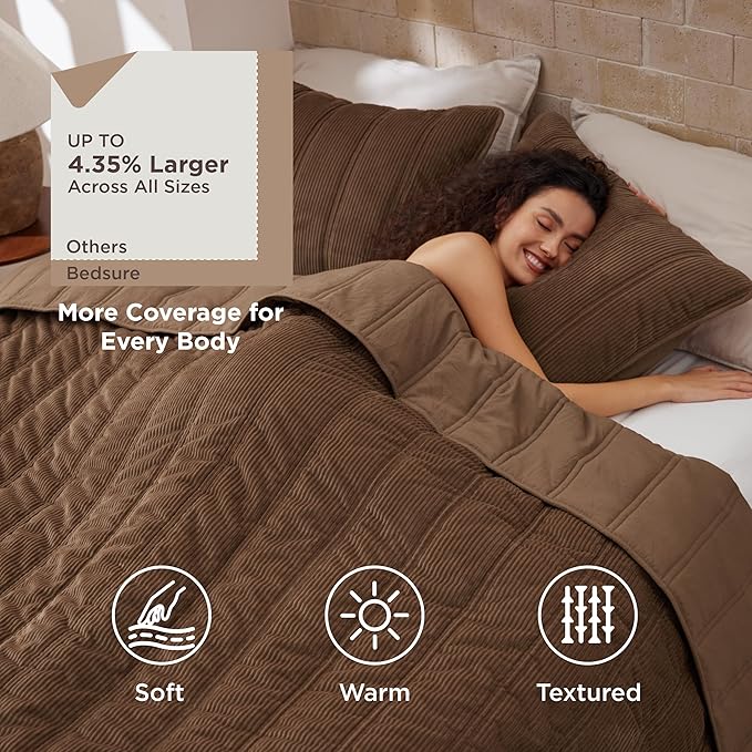 Bedsure Luxury Velvet Quilt King Size - Lightweight Velvet Brown Fluffy Comforter Set, Oversized Corduroy Bedspread Coverlet Winter Bedding Set, Pet-Friendly, Tear-Resistant, Ultra-Soft, 106"x96"