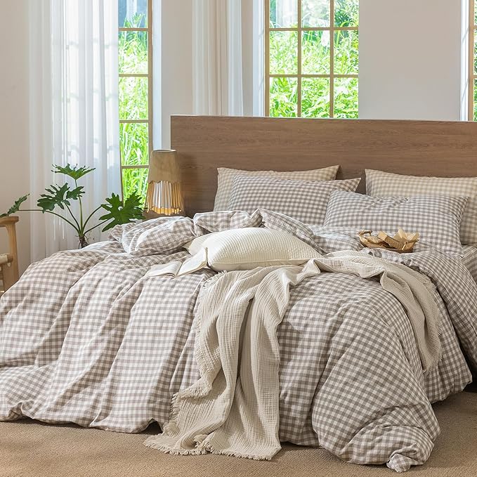 MooMee Gingham Duvet Cover Set 100% Washed Cotton Linen Like Textured Breathable Durable Soft Comfy Modern Checkered Design (Tannish Linen Grey Gingham, King 104"x90")