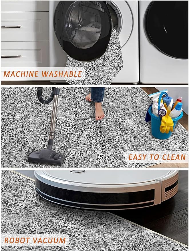 vivorug 4x6 Rug, Small Area Rug for Living Room, Bedroom, Kitchen, Machine Washable Non-Slip Throw Rug, Vintage Medallion Carpet for Entryway Nursery Coffee Table - Durable (Grey)