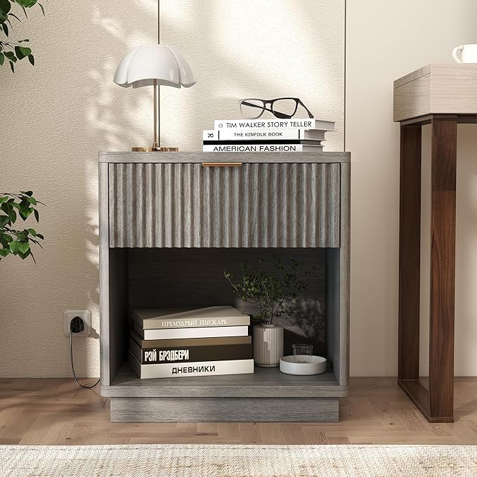 Miereirl Fluted Nightstand Charging Station, Wooden Vintage Night Stands Curved Corners Storage Cabinet for End Table with Metal Handle Drawers, Light Grey Oak