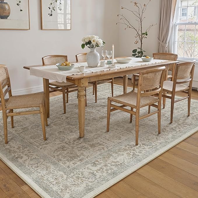 Taupe Area Rug 8x10 Machine Washable Large Vintage Living Room Distressed Non Slip Carpet Traditional Indoor Bedroom Retro Floral Accent Throw Rug for Office Kitchen Dining Room