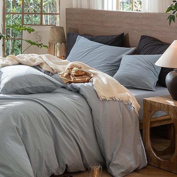 MooMee Wavy Striped Duvet Cover Set 100% Washed Cotton Linen Like Textured Breathable Durable Soft Comfy (Cornflower Blue, Oversized Queen 98"x98")
