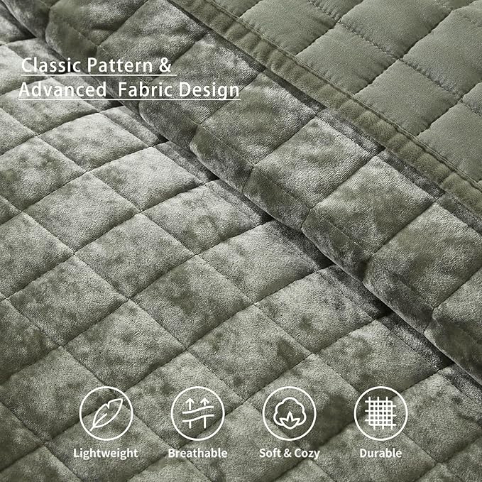 LEAONME Velvet Quilt Oversized California King-120''x120'', Lightweight Olive Green Velvet Comforter Set with 2 Pillow Shams, Oversized Bedspread Coverlet Quilted Bedding Set for All Season