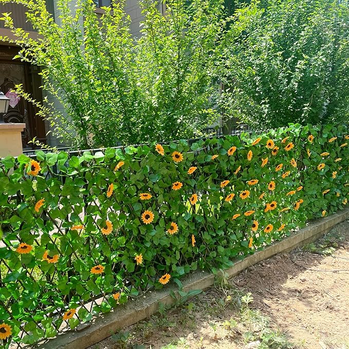 Sumery Expandable Fence Privacy Screen for Balcony Patio Outdoor,Decorative Faux Ivy Fencing Panel,Artificial Hedges (Single Sided Leaves) (2, Sunflowers)