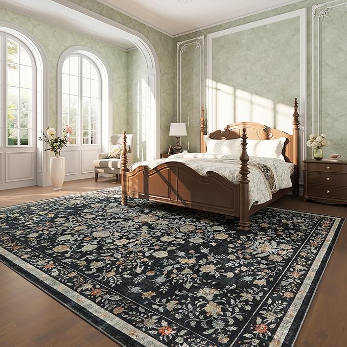 Area Rugs 8x10, Washable Floral Rug Non Slip Large Living Room Rug Vintage Distressed Soft Carpet for Bedroom, Dinning Room, Home Office