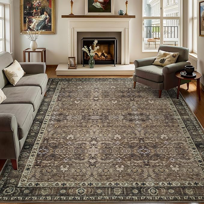 9x12 Vintage Washable Area Rug for Living Room,Low Pile Non Slip Carpet Non-Shedding Large Area Rug Soft Indoor Stain Resistant Rug Floral Print Mat for Bedroom Dining Room Brown Floral