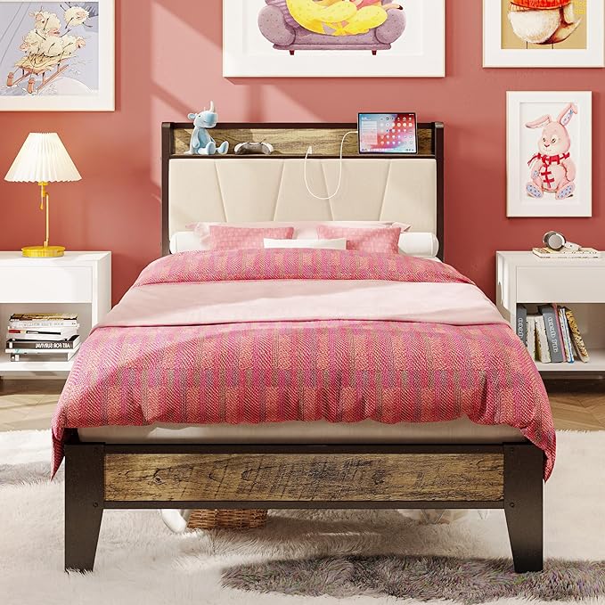 LIKIMIO Twin XL Bed Frames, Storage Headboard with Charging Station, Solid and Stable, Noise Free, No Box Spring Needed, Easy Assembly (Walnut and Beige)