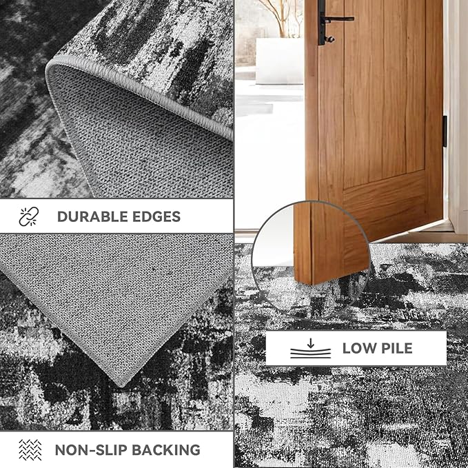 3x12 Long Hallway Runner Rug: Kitchen Rugs Non Slip Washable Low Pile Abstract Rug Runner with Rubber Backing Indoor Stain Resistant Carpet Runners for Bedroom Dining Living Room Black White