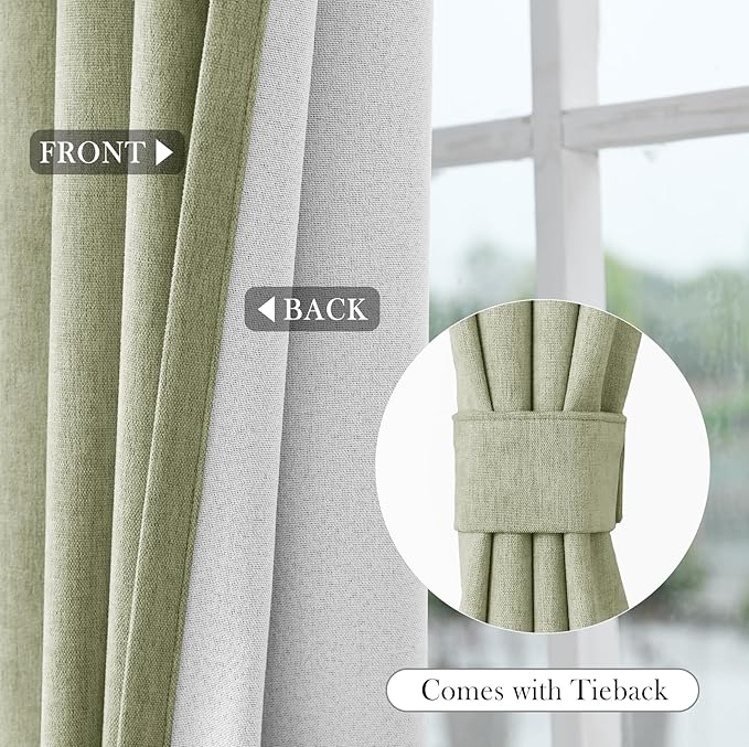 Macochico Extra Wide 100% Blackout Chenille Curtains 100" Wx96 L Thermal Drapes for Sliding Door Living Room Bedroom Auditorium Hotel Green Tint Curtains Grommet Top with Tieback Classic 1 Panel
