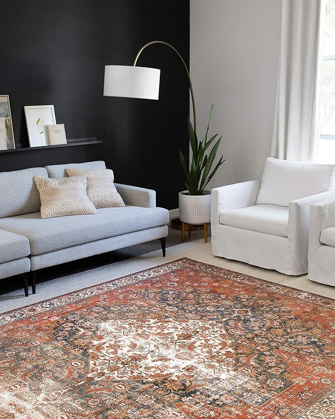 Loloi Layla Collection LAY-05 Ocean/Multi 2'-0" x 5'-0" .13" Thick Accent Rug, Soft, Durable, Vintage Inspired, Distressed, Low Pile, Non-Shedding, Easy Clean, Printed, Living Room Rug