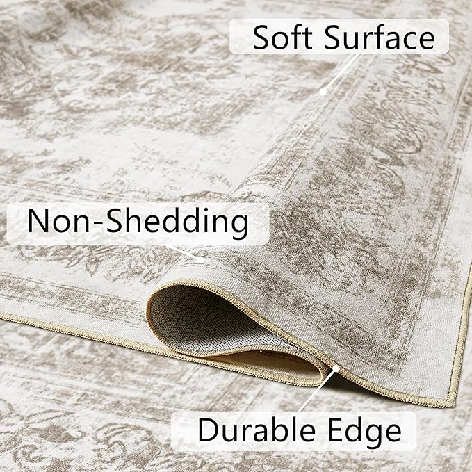 Area Rug 10x12 Beige Washable Living Room Carpet Non Slip Vintage Medallion Indoor Bedroom Carpet Low Pile Soft Retro Distressed Large Rug Home Office Dining Room Playroom