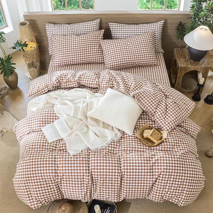 MooMee Gingham Duvet Cover Set 100% Washed Cotton Linen Like Textured Breathable Durable Soft Comfy Modern Checkered Design (Dark Orange Gingham, Super Queen 90"x98")