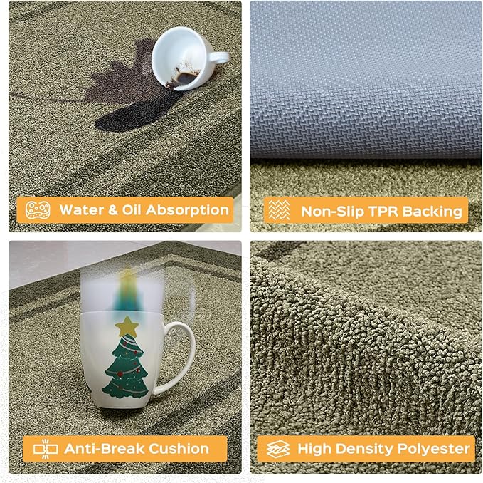 Kitchen Rugs Set (24" x 36"+24" x 60"), Non-Slip Machine Washable Kitchen Runner Rugs, Absorbent Comfort Standing Mats for Kitchen, Laundry and Hallway, Rolled Packaging, Budding Green & Sage Green