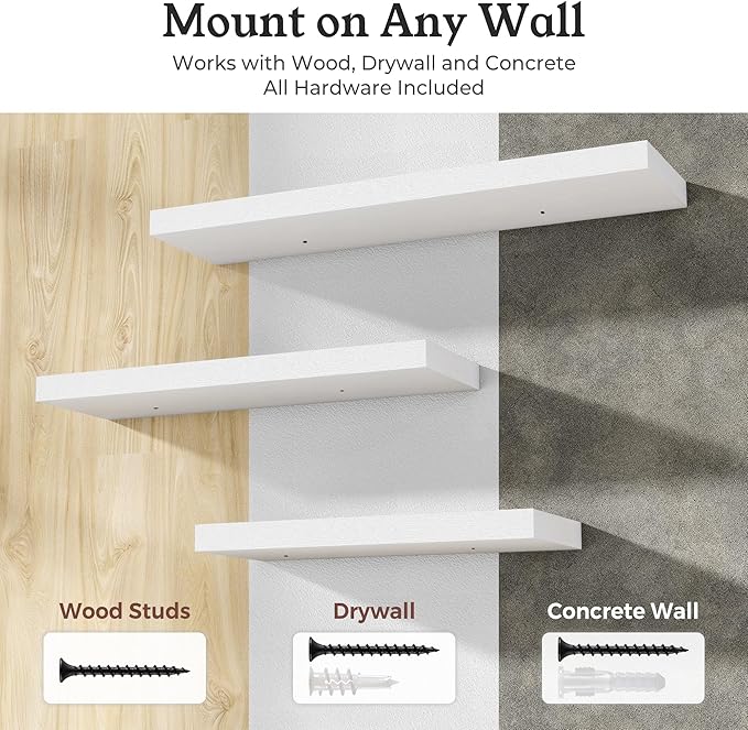 Floating Shelves for Wall, 9.3" Deep Wall Mounted Wood Shelves for Bathroom, Bedroom, Living Room, Kitchen, Hanging Shelf for Books/Storage/Room Decor (White, 55")