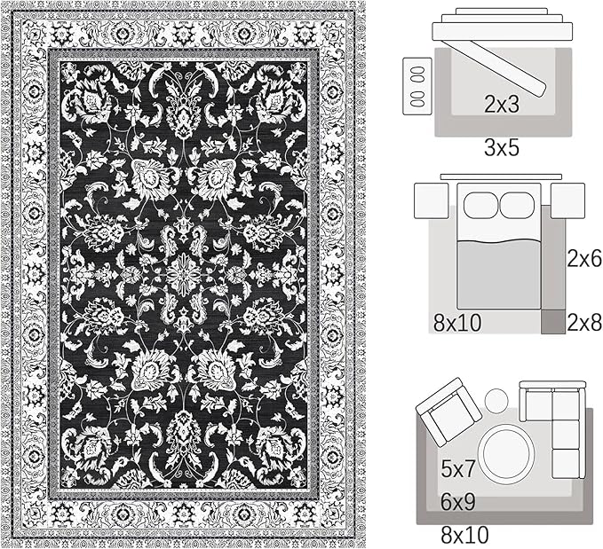 Area Rugs 8x10, Machine Washable Vintage Soft Rug for Living Room Large Rug Indoor Floor Non Slip Carpet for Bedroom Under Dining Table Home Office | Black White
