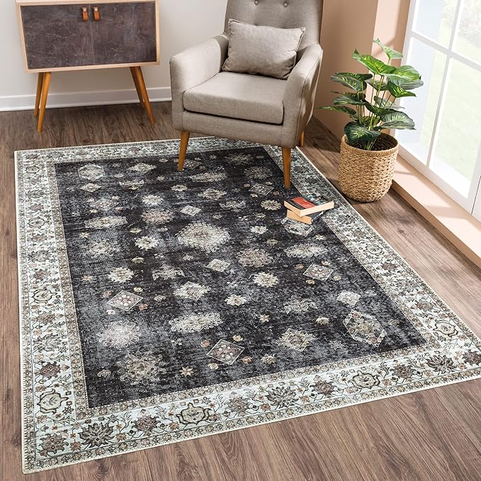 Bloom Rugs Washable Non-Slip 10x14 Rug - Black/Ivory Traditional Oriental Area Rug for Living Room, Bedroom, Dining Room, and Kitchen - Exact Size: 10' x 14'