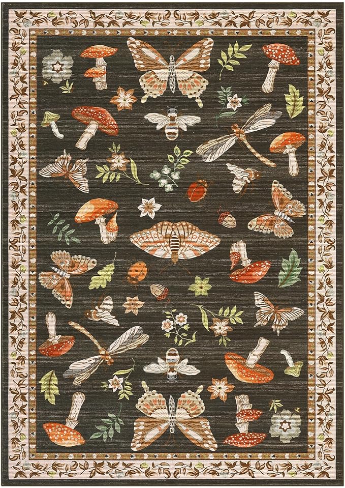 Mushroom Washable Rug 5x7 Area Rugs for Living Room, Insect Print Rug for Bedroom, Non Slip Throw Carpet with Rubber Back, Soft Low Pile Dining Room, Brown