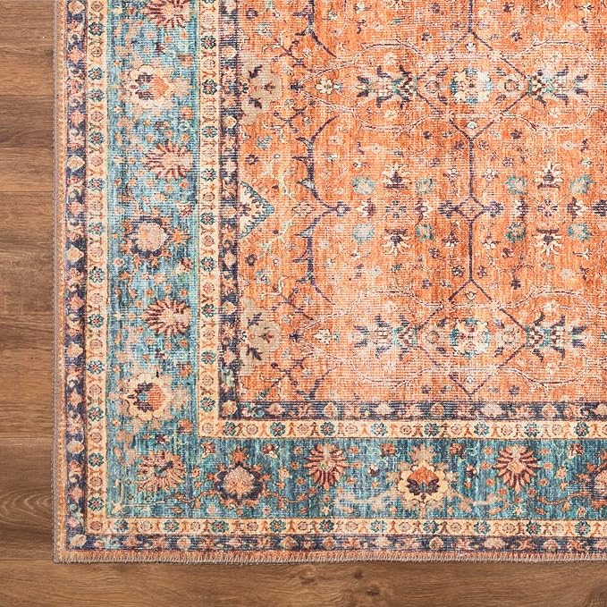 Bloom Rugs Washable Non-Slip 7 ft Runner - Orange/Teal Blue Traditional Bordered Runner for Entryway, Hallway, Bathroom, and Kitchen - Exact Size: 2.5' x 7'
