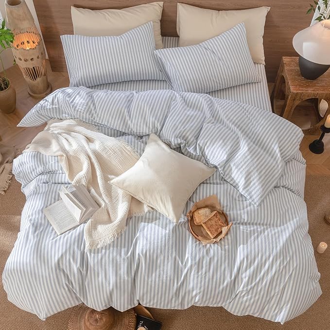 MooMee Striped Duvet Cover Set 100% Washed Cotton Linen Like Textured Breathable Durable Soft Comfy (Cornflower Blue White Classic Stripes, Super King Plus 120"x120")