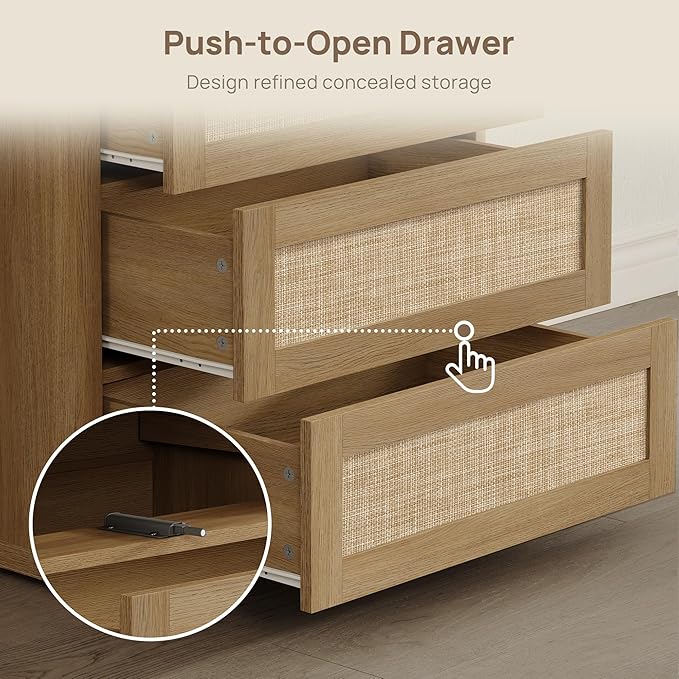 SICOTAS Rattan Night Stand Set 2, 26.8" Wide Oversized Nightstand with 3 Large Drawers, Push-Close & Kid-Safe Curved Edges, Boho Bedside Table End Table for Bedroom Sofa Side Home Office, Amber Oak