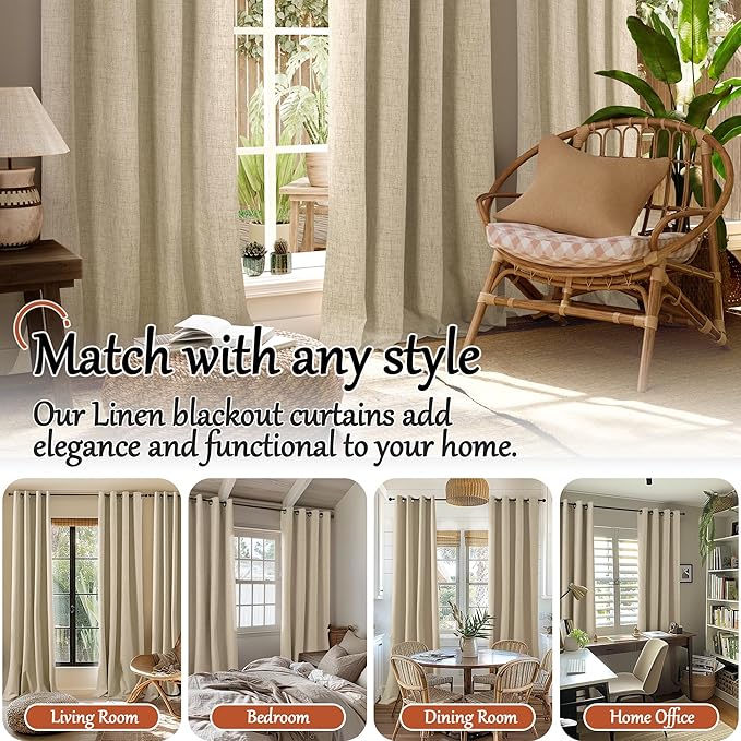 100% Blackout Curtains for Living Room 90 Inches Long 2 Panels, Faux Linen Textured Floor Length Thermal Insulated Bronze Grommet Boho Window Energy Save Drapes, Each 52" Wide, Burlap