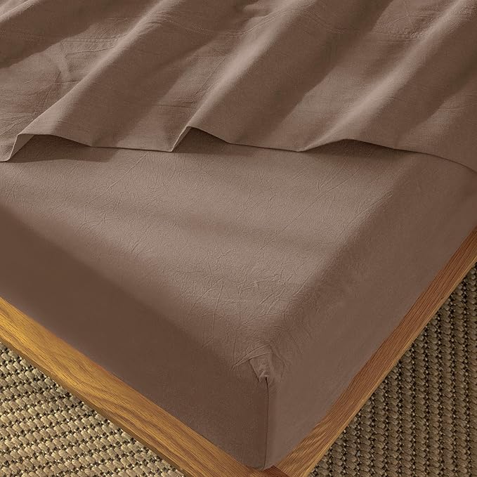 MooMee Fitted Bottom Sheet Only 100% Washed Cotton Linen Like Textured Breathable Durable Soft Comfy Deep Pocket Fits Mattress up to 17" (Brown, Twin)
