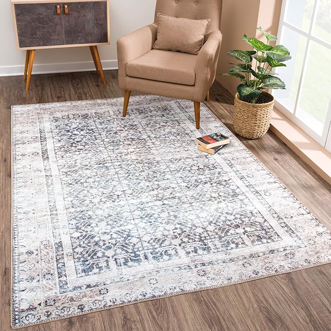 Bloom Rugs Washable Non-Slip 3' x 5' Rug - Tan/Blue/Green Traditional Area Rug for Living Room, Bedroom, Dining Room, and Kitchen - Exact Size: 3' x 5'