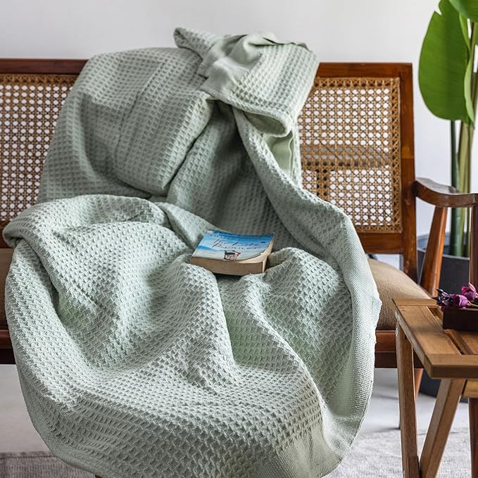 Salt Earth 100% Cotton Throw Blanket, Twin, 68"x92" Waffle Throws for Home, Bedrooms, Outdoor & Cozy Couch, Modern & Cozy Bed Room Decor Blankets,Lightweight All Season Western Blanket(Sea Foam)