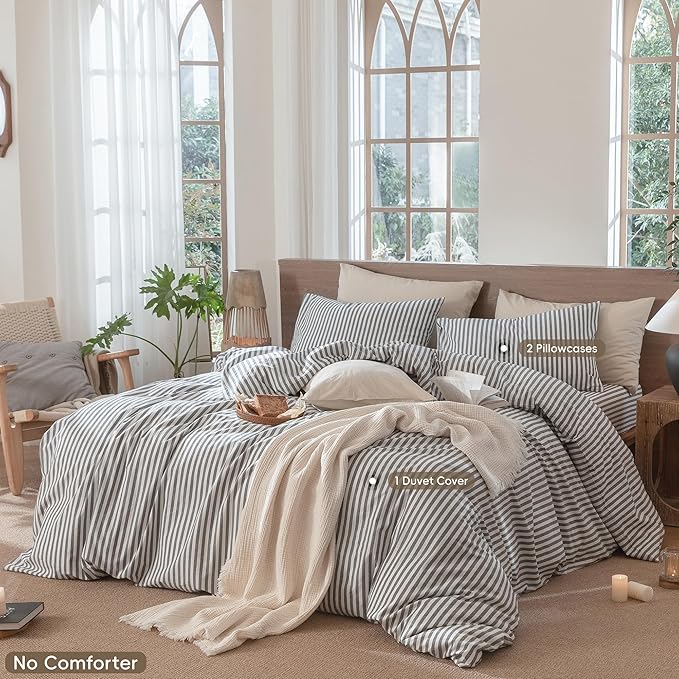 MooMee Striped Duvet Cover Set 100% Washed Cotton Linen Like Textured Breathable Durable Soft Comfy (Dark Grey White Classic Stripes, Oversized Queen 98"x98")