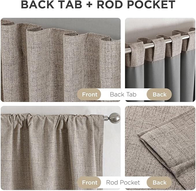 Joydeco 100% Blackout Curtains for Bedroom - Natural Linen Curtains 42" Wx 63" L Long, Thermal Insulated 2 Panels Linen Light Blocking Drapes, Rod Pocket & Back Tabs for Living Room