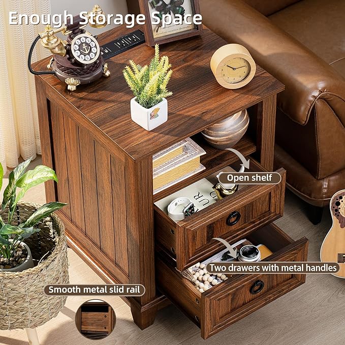18" Farmhouse Night Stands Set of 2 with Charging Station, 2 Drawers End Table Dresser for Bedroom, Brown Wooden Nightstand, Bed Side Table with Open Shelf, Bedside Cabinet for Living Room