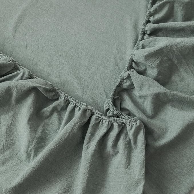 MooMee Fitted Bottom Sheet Only 100% Washed Cotton Linen Like Textured Breathable Durable Soft Comfy Deep Pocket Fits Mattress up to 17" (Heathered Green, King)