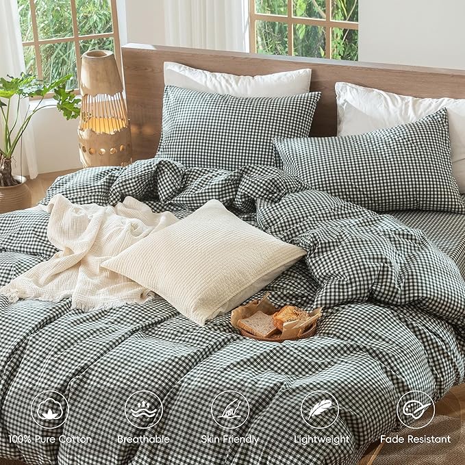 MooMee Gingham Duvet Cover Set 100% Washed Cotton Linen Like Textured Breathable Durable Soft Comfy Modern Checkered Design (Mini Gingham Forest Green, Palatial King/Oversized King 120"x98")