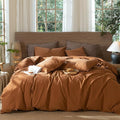 MooMee Wavy Striped Duvet Cover Set 100% Washed Cotton Linen Like Textured Breathable Durable Soft Comfy (Dark Orange, King 104"x90")